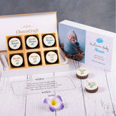 six chocolate birth announcement box arranged with baby details