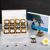 Classy wedding favors design sample in a 12-chocolate wooden box with custom design