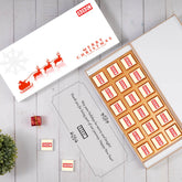 Elegant white MDF wooden box containing 18 custom logo-wrapped dark chocolates, ideal for corporate gifting.