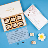 Wedding favours for guests in a 6-chocolate wooden box with custom wedding design