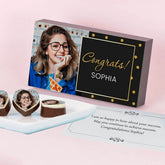 Congratulations gifts to send with custom photo and name on printed chocolate gift box from ChocoCraft