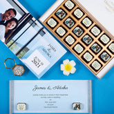 Preview of 18-piece chocolate box used to design wedding invitations