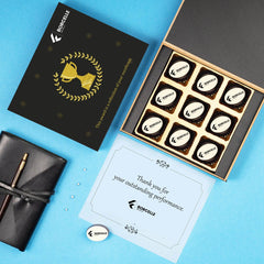 Closed branded wooden box in black with embossed logo