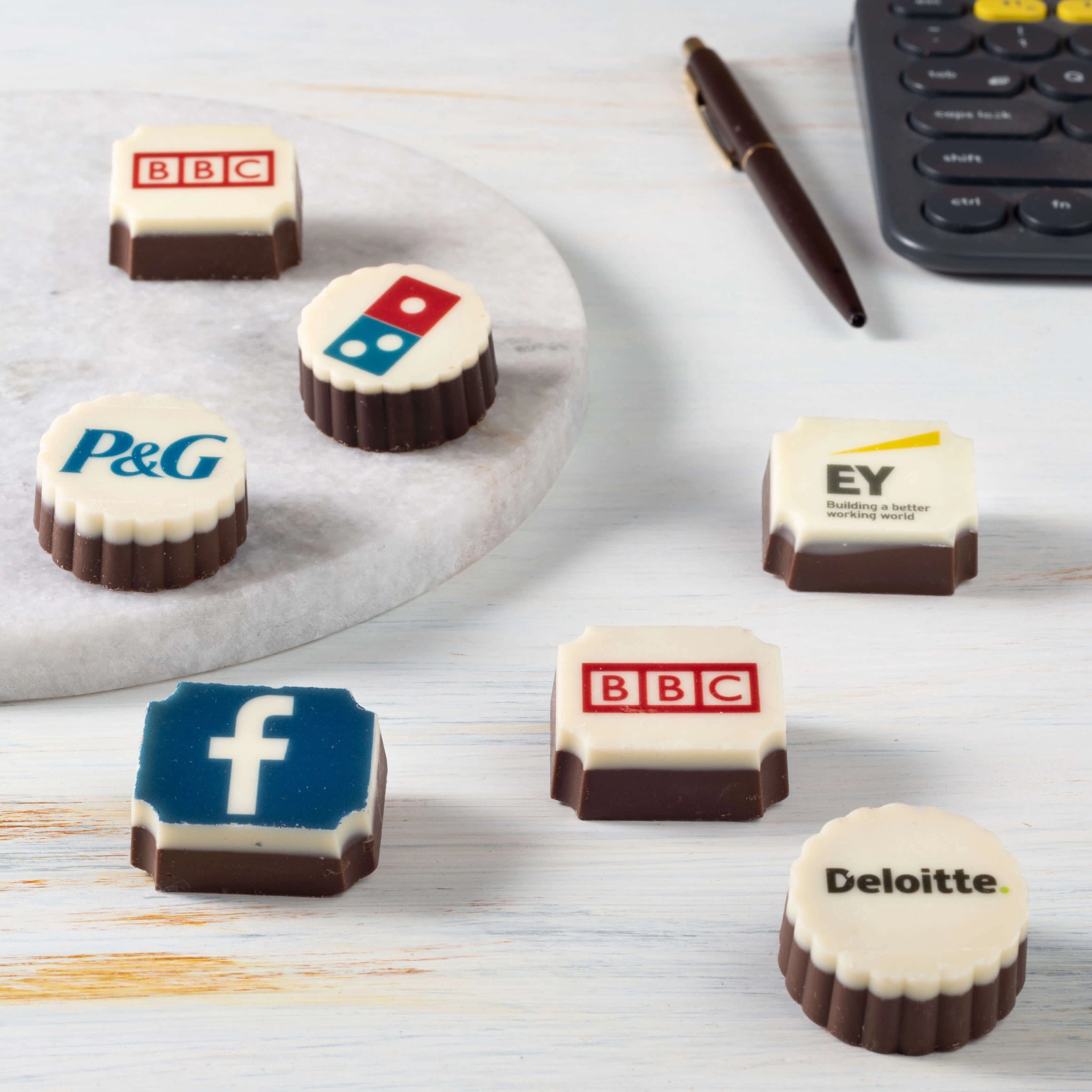 Rectangular logo chocolate featuring high-resolution edible-ink branding
