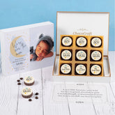 New born announcements featuring chocolate gift box