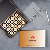 Open wooden box with 12 chocolates including logo-printed piece