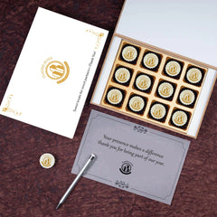 Variety mix of logo‑printed chocolates in black/white wooden box