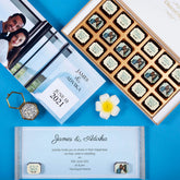 Top view of 18-piece chocolate box for ordering custom wedding invitations