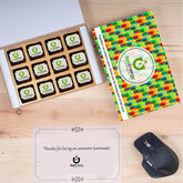 Team-building event gift box filled with branded chocolates and note