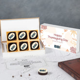 Six-piece Thanksgiving chocolate gift box with custom logo printing in wooden keepsake packaging