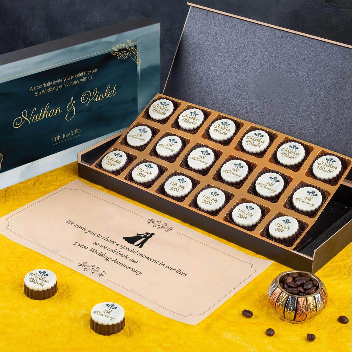 18-piece chocolate anniversary invitation box – elegant design