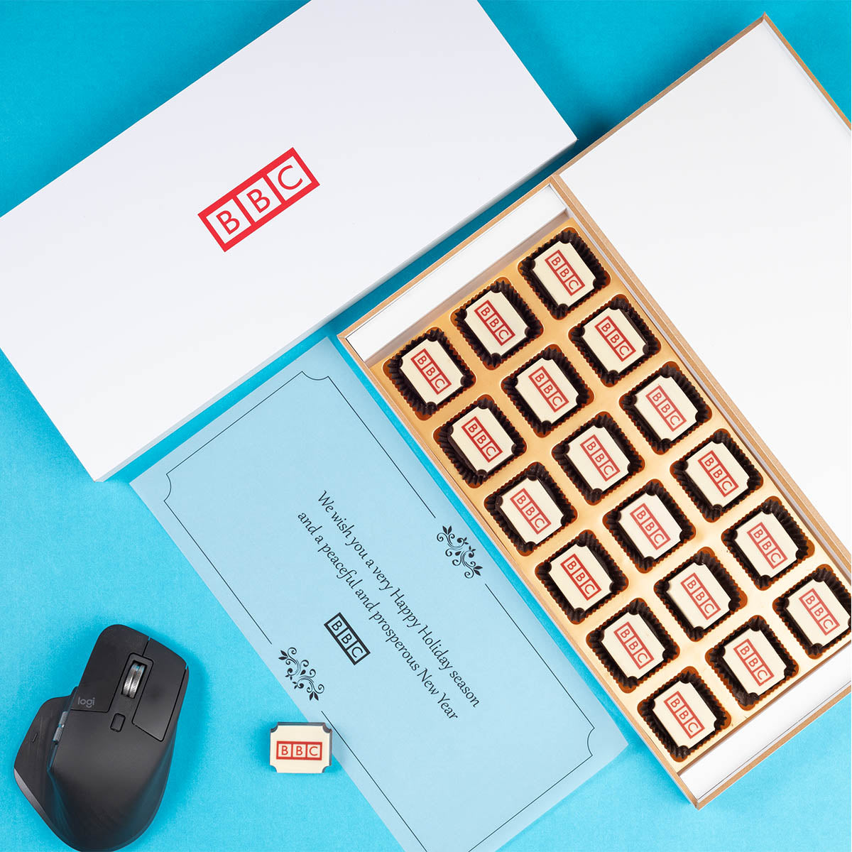 Elevate your corporate gifting with chocolates featuring your logo and name.