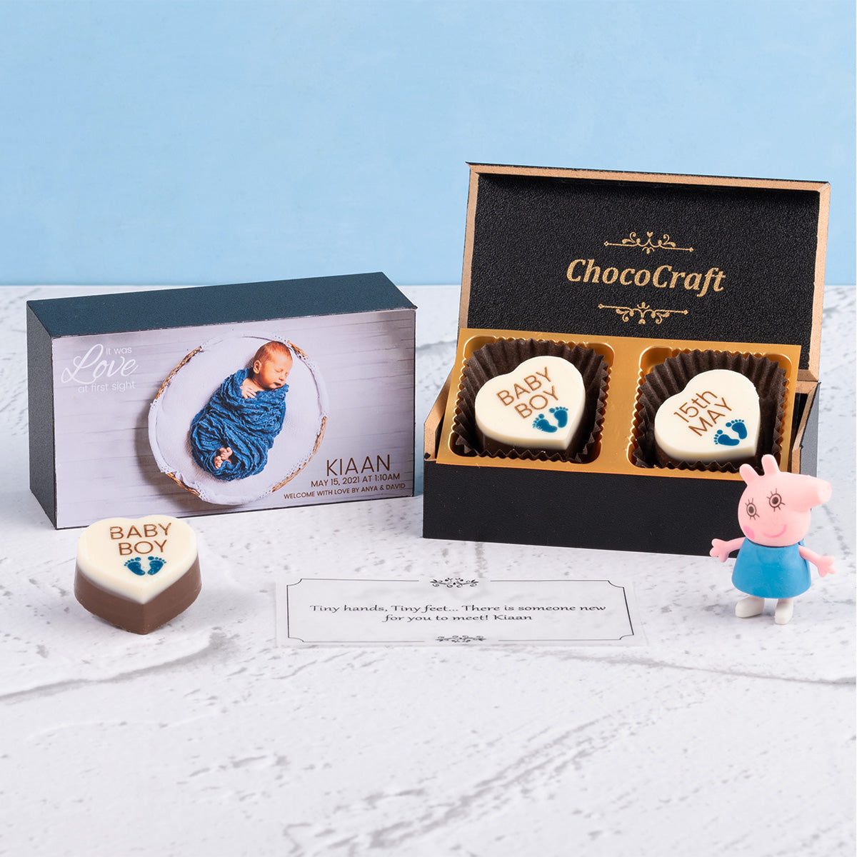 Welcome your little one with ChocoCraft’s personalized chocolate favors.