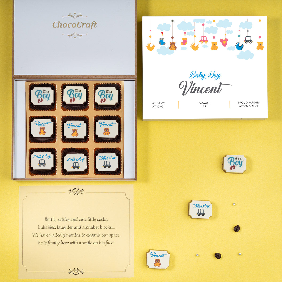 nine chocolate birth announcement gift box with themed prints