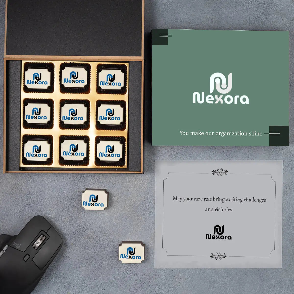 9-piece personalized chocolate box with company branding