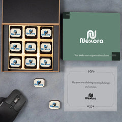 9-piece personalized chocolate box with company branding