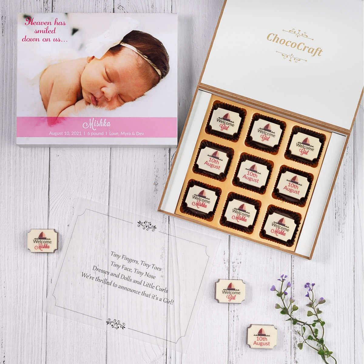 9-piece chocolate box for newborn announcement celebrations