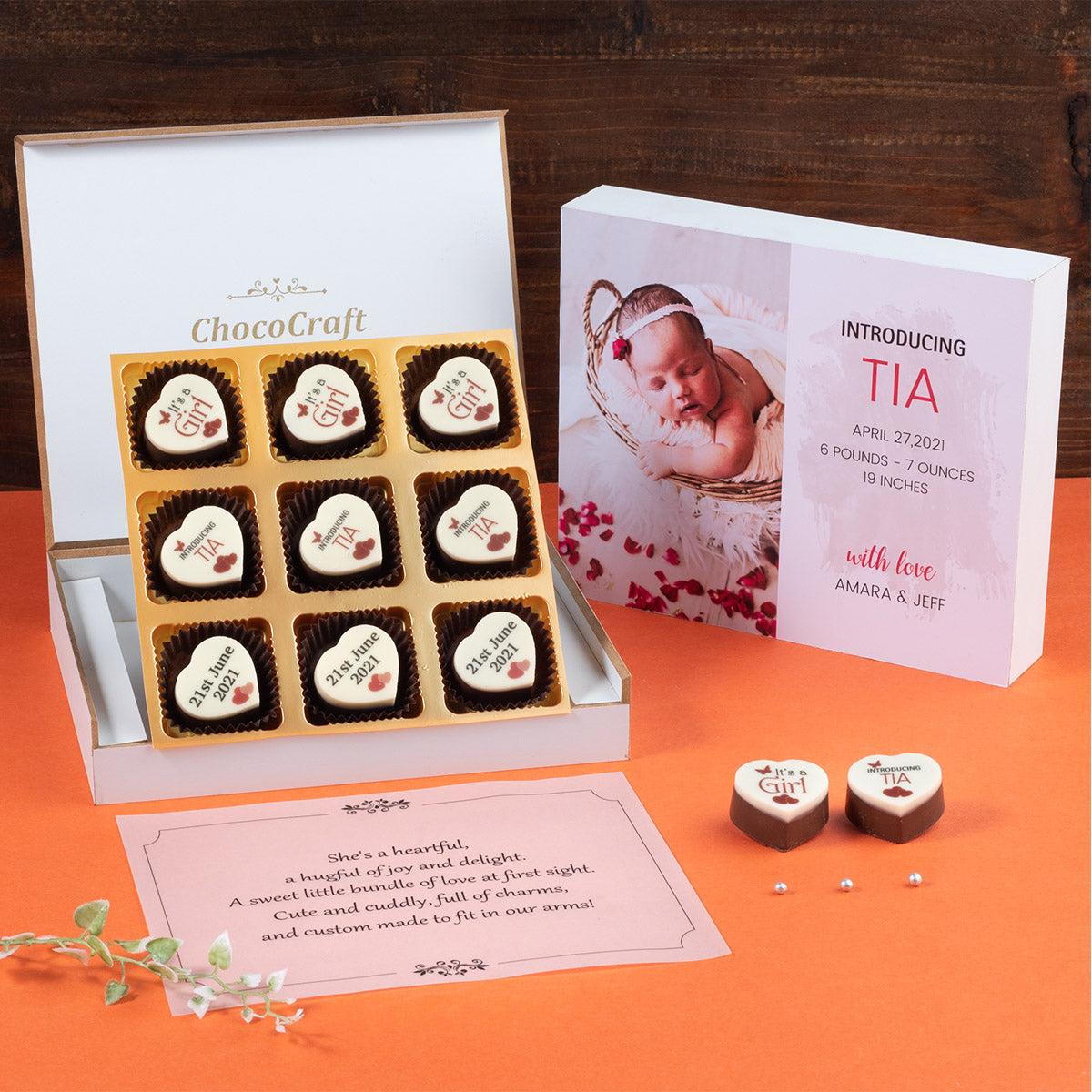 Share the joy with custom birth announcement chocolates by ChocoCraft.