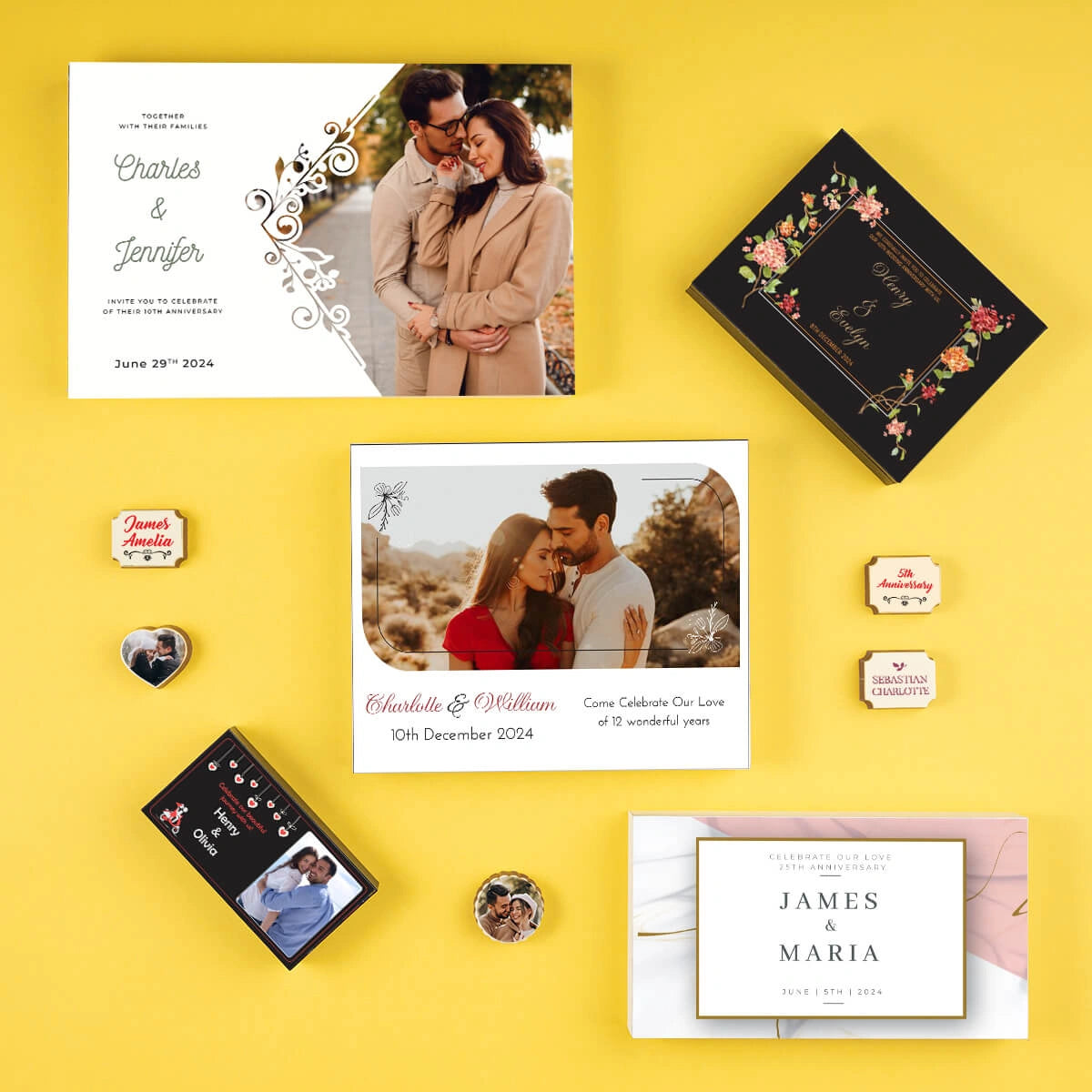 White wooden anniversary invitation box featuring printed chocolates.