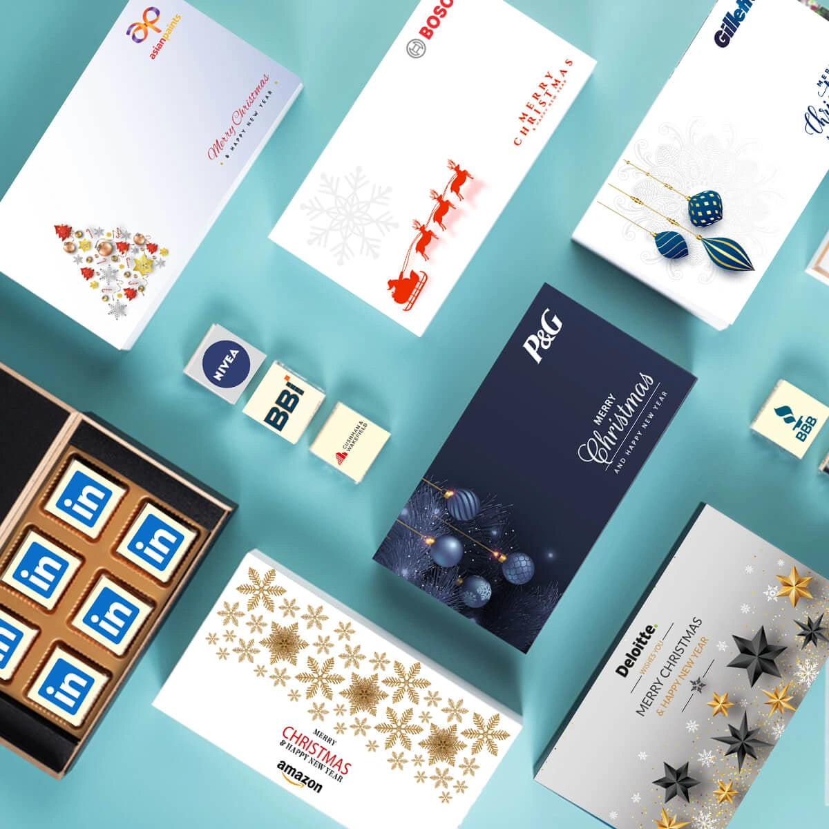 High-end corporate gifting solution with logo-branded dark chocolates in a stylish presentation box.