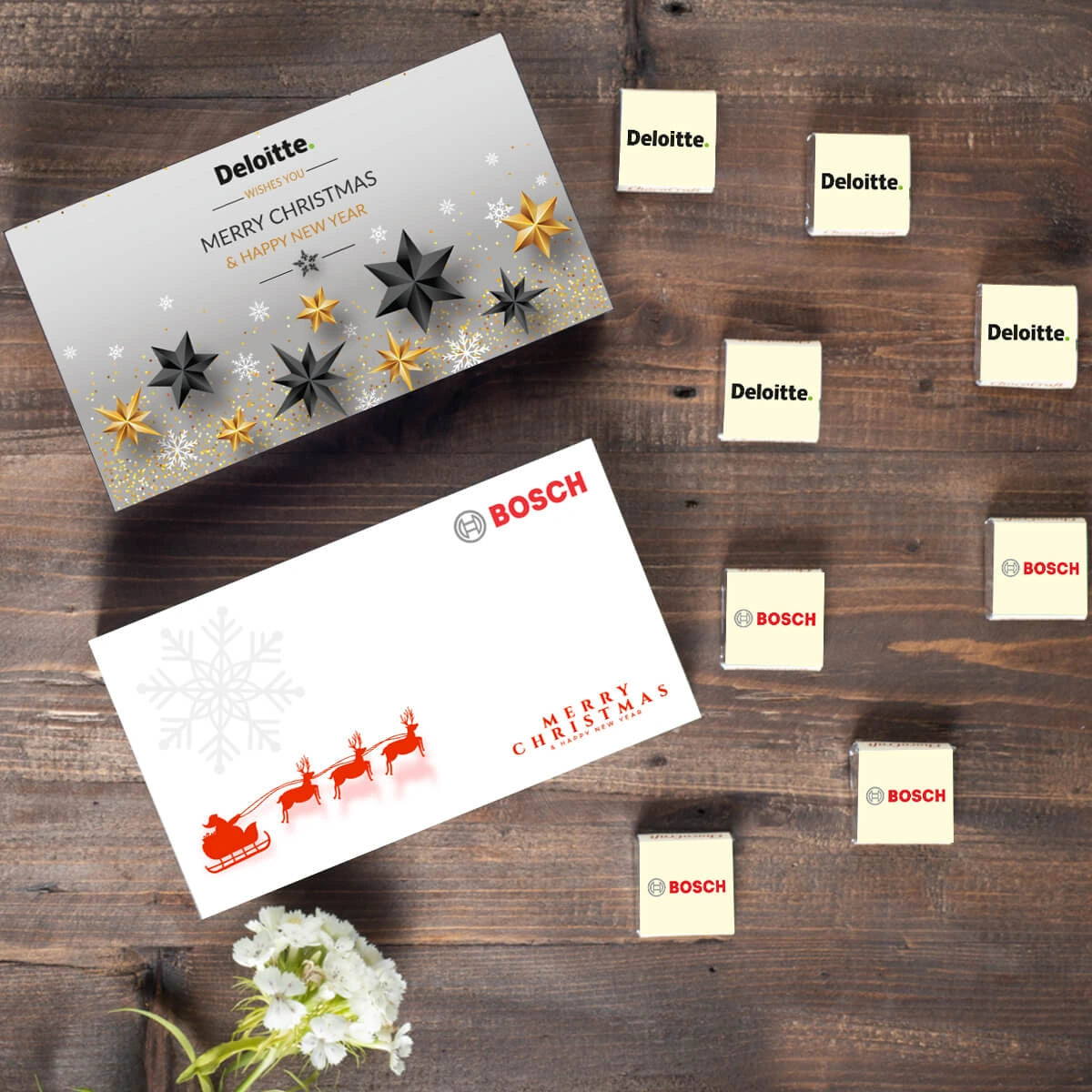 Luxury chocolate gift box for clients featuring personalized wrappers with company branding.