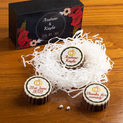 Bulk wedding favors in a 2-chocolate black wooden box with custom wedding design
