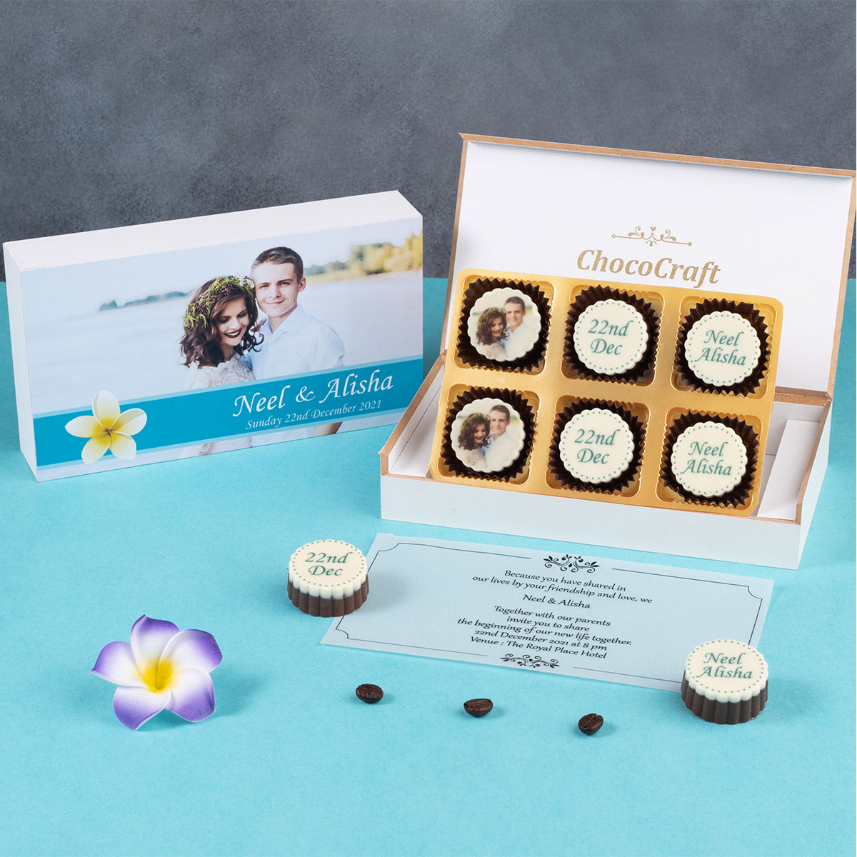 ChocoCraft: Wedding invites crafted in chocolate with photo and names.