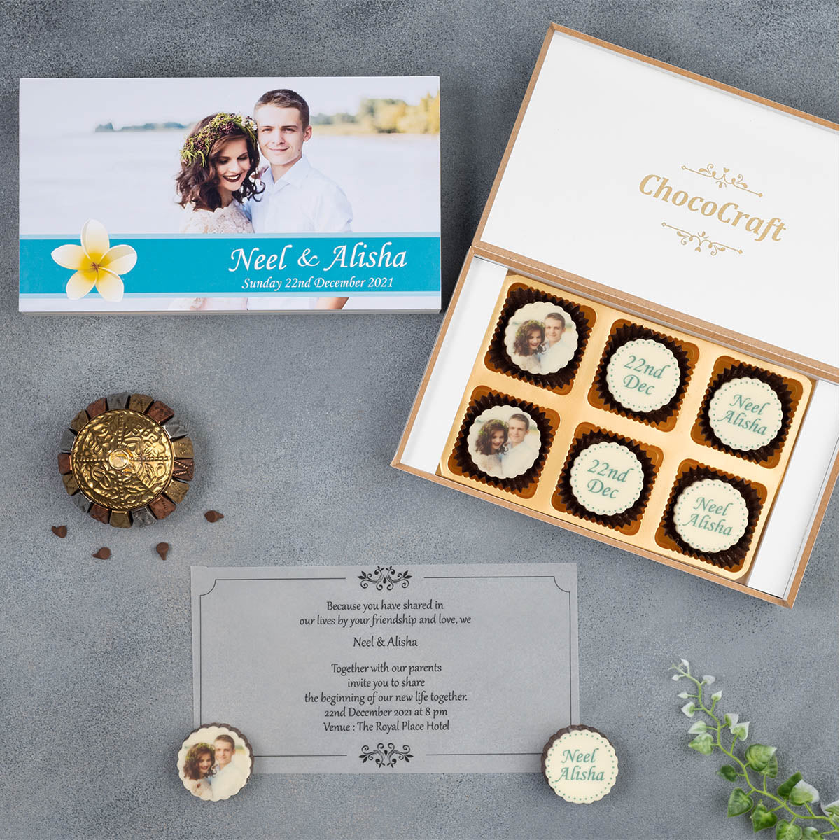 Photo and name chocolates by ChocoCraft – perfect wedding invites.