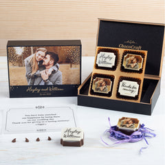 Wedding chocolates with your photo and name – designed by ChocoCraft.