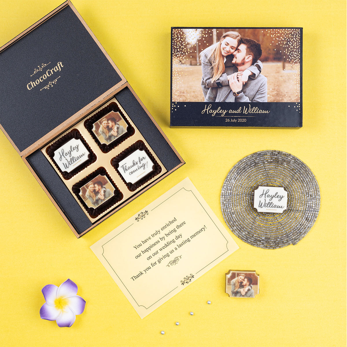 ChocoCraft’s photo and name chocolates are perfect for wedding favors.