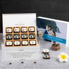 Classy wedding favors design sample in a 12-chocolate wooden box with custom design