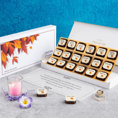 Custom chocolate wedding favors in an 18-chocolate wooden box with unique design