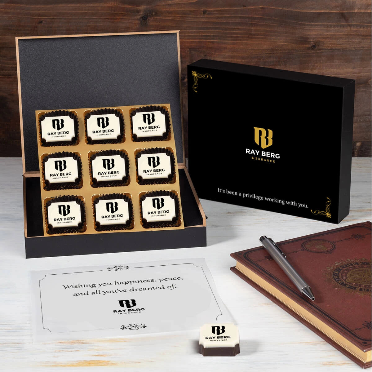 Elegant layout of chocolates with lid showing brand customization