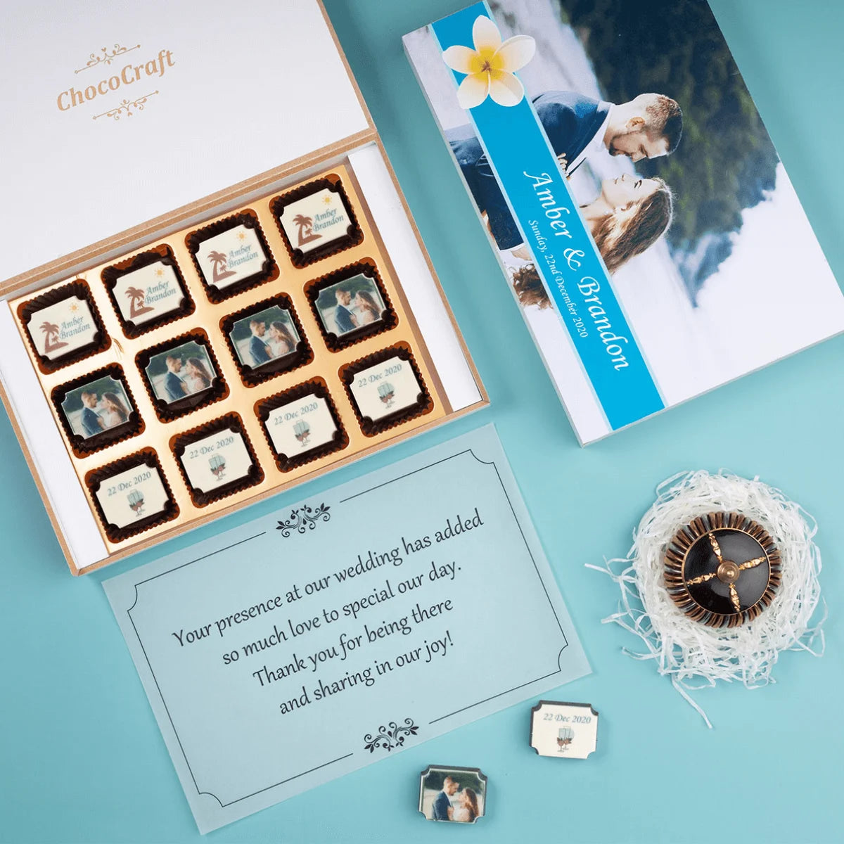 Great wedding favors design sample with twelve personalized chocolates for guests