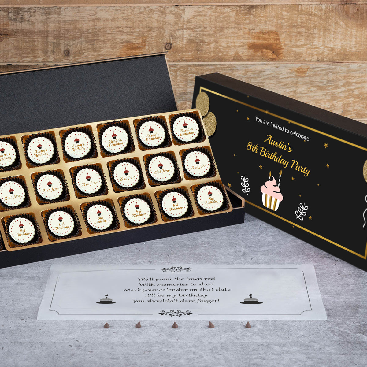 Announce your party with ChocoCraft’s sweet chocolate invitations.