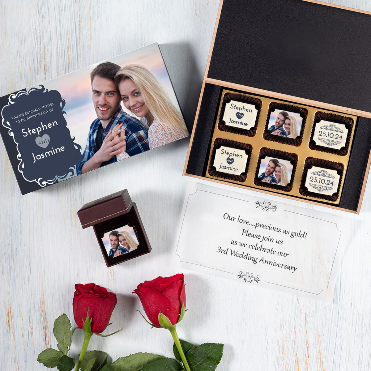 Personalized anniversary invites on chocolate with your photo and name.