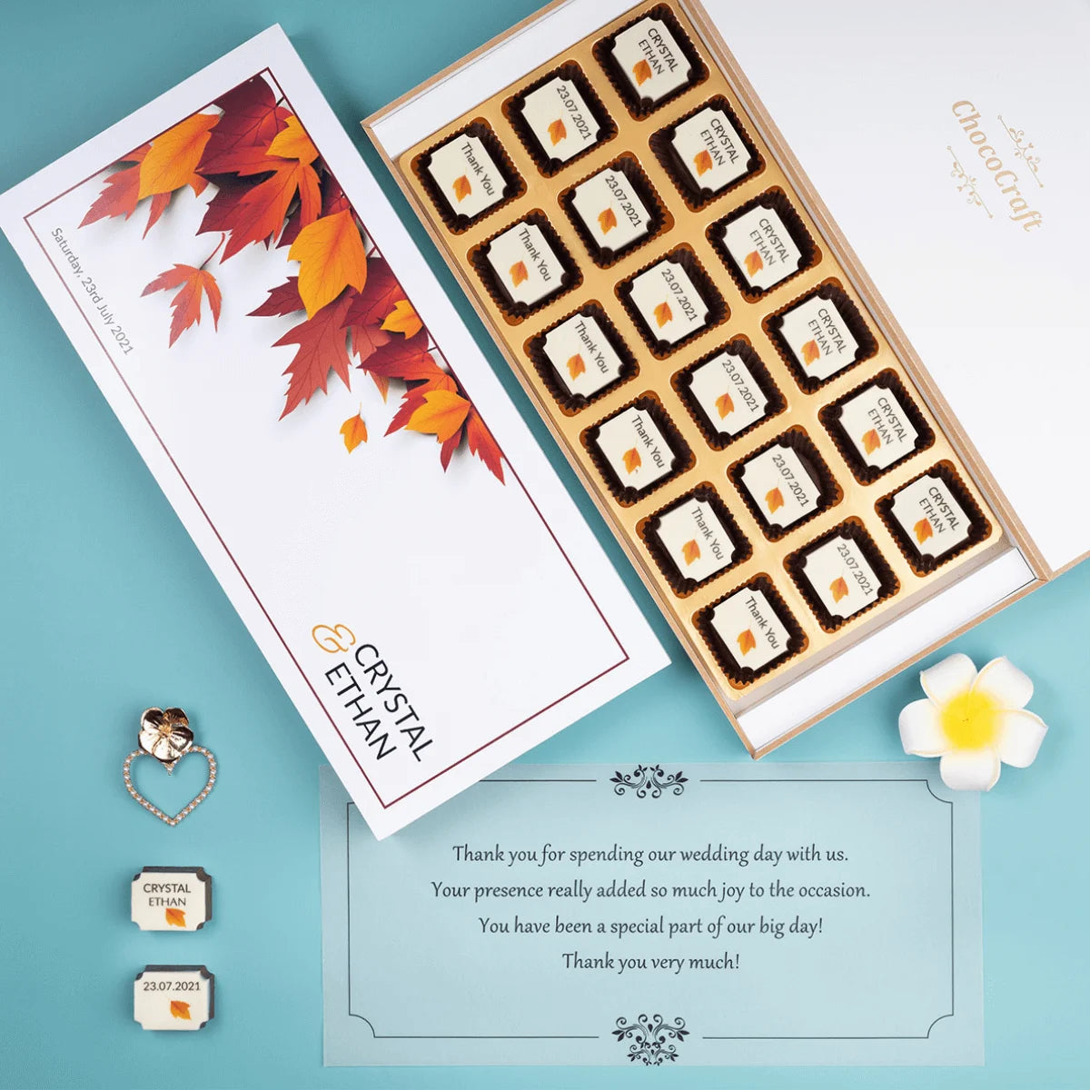 Most popular wedding favors design sample with eighteen personalized chocolates for guests