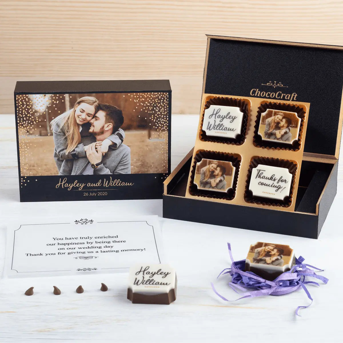 Personalized chocolate wedding favors design sample with four customized chocolates for guests