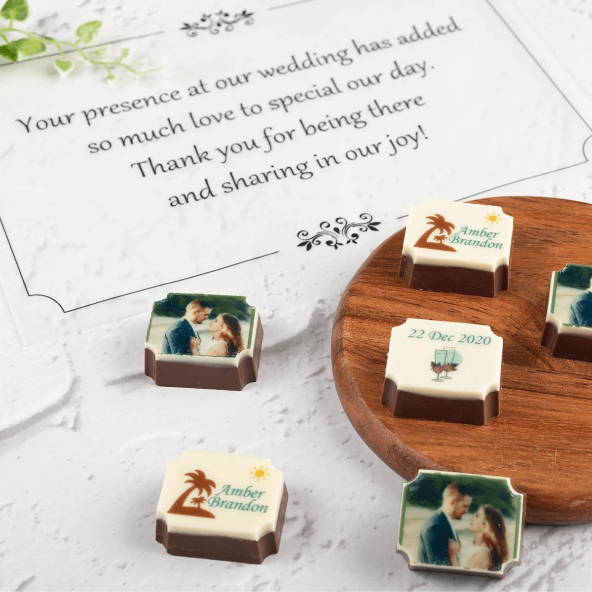 Personalized wedding chocolate box with custom butter paper message for wedding favor gifts