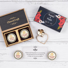 Return gifts for marriage design sample in a 2-chocolate black wooden box with custom design