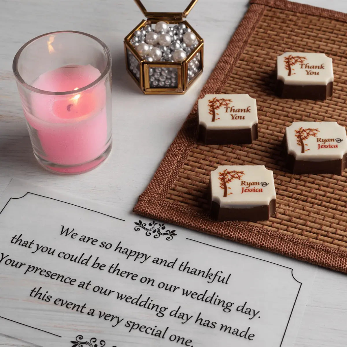 Special wedding favor box sample with custom butter paper message for chocolate wedding favors