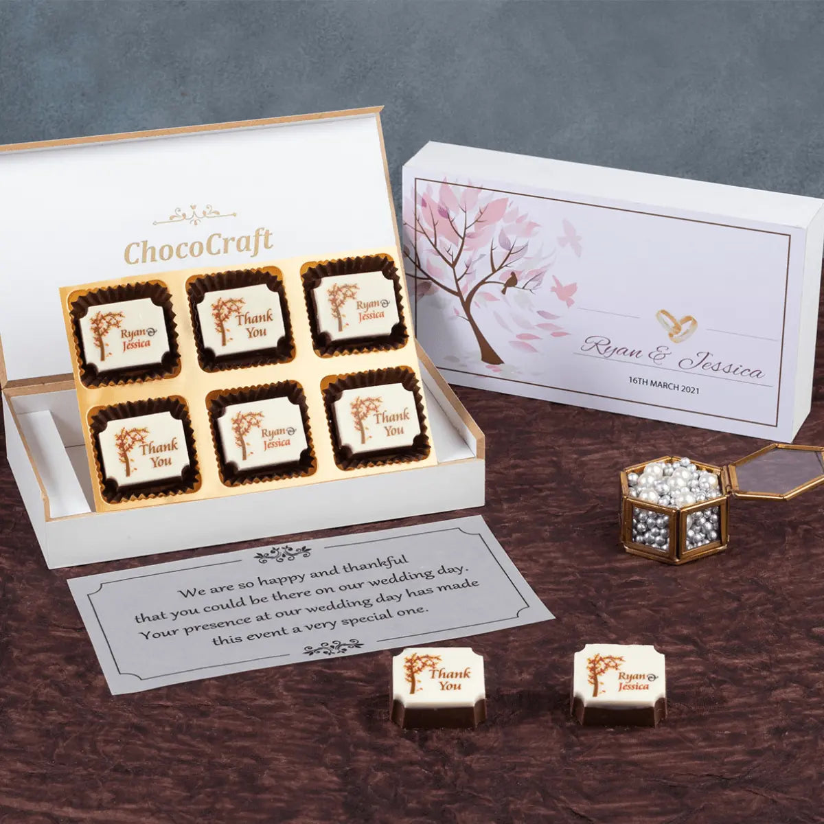 Wedding favor chocolate boxes design sample with six personalized chocolates for guests