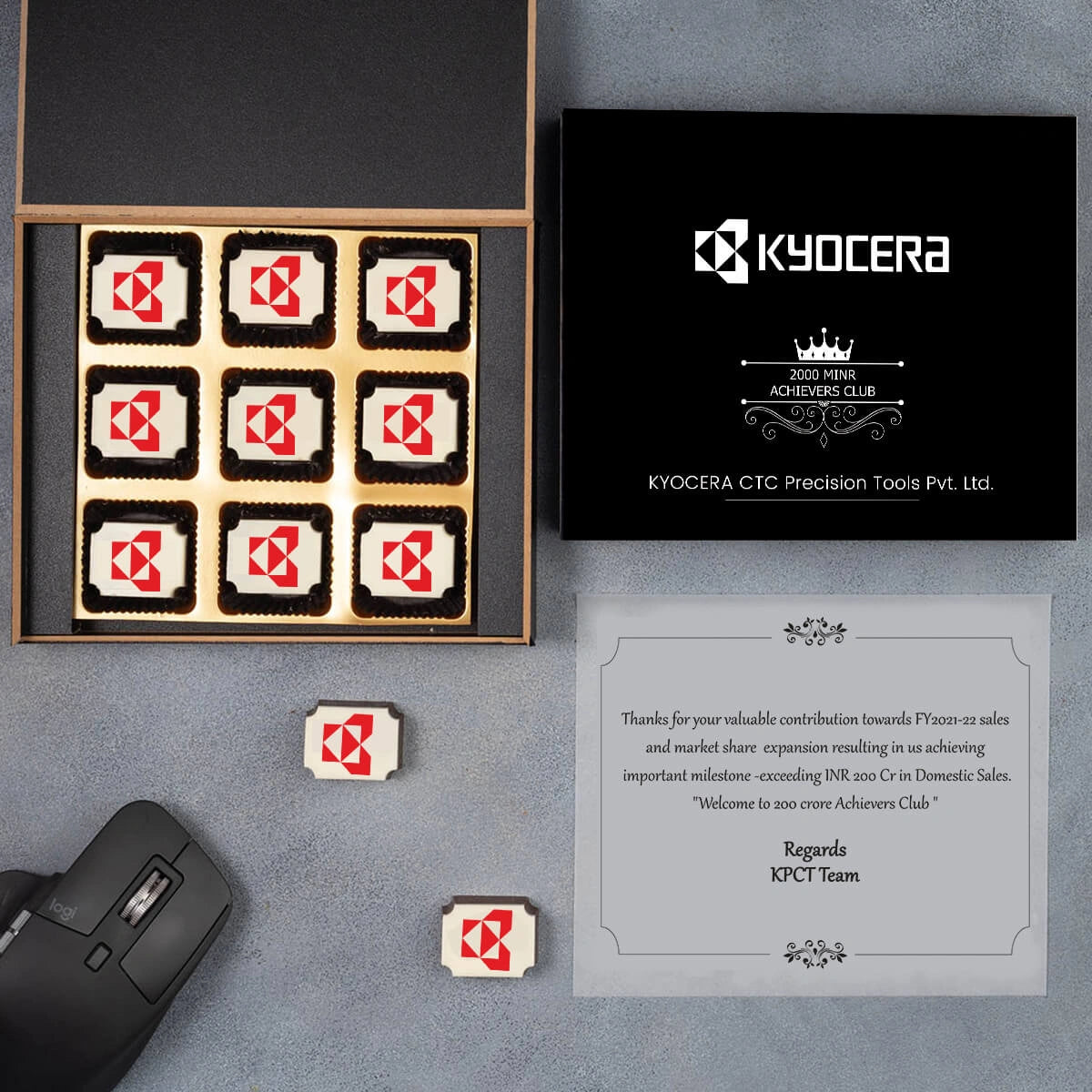 Closed black MDF wooden box with corporate logo – executive anniversary gift