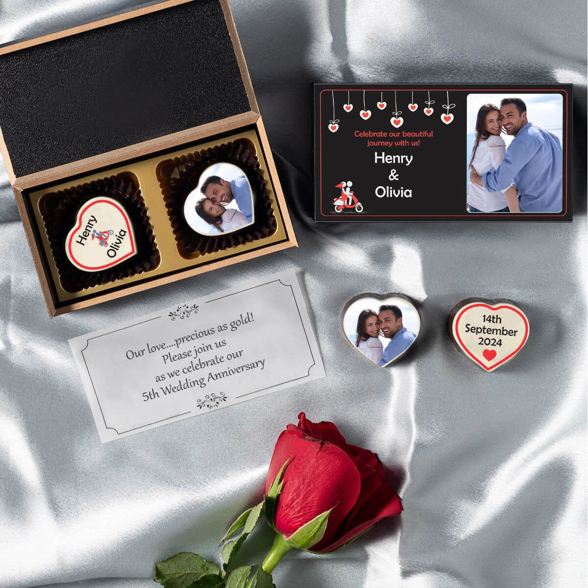 Anniversary invite with photo printed chocolates