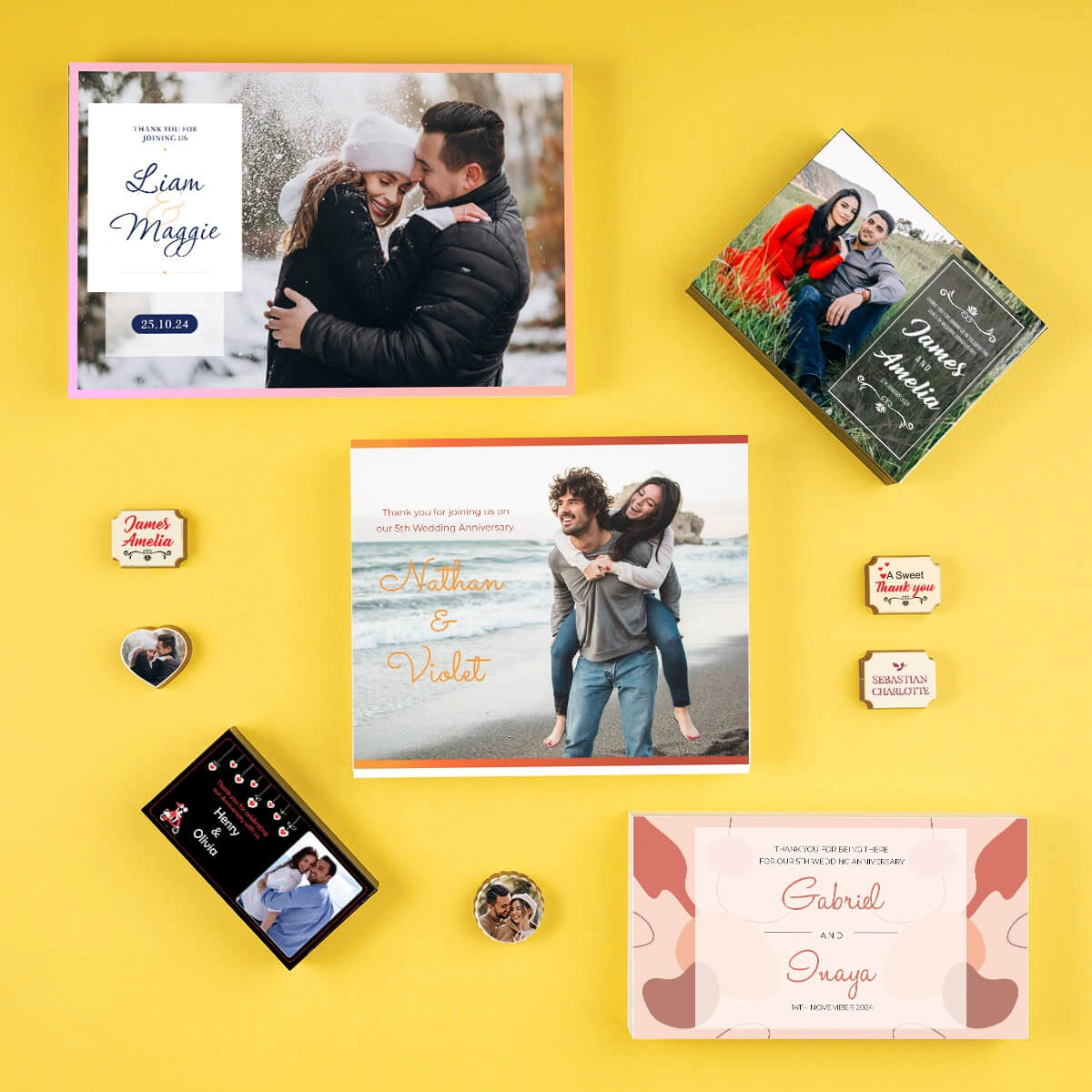 Anniversary celebration décor featuring personalized chocolate favors