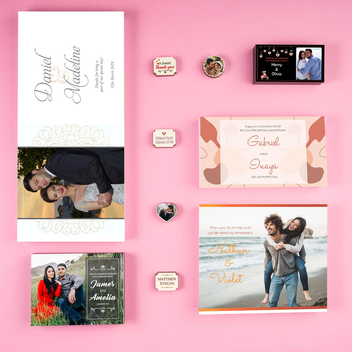 Anniversary celebration décor featuring personalized chocolate favors