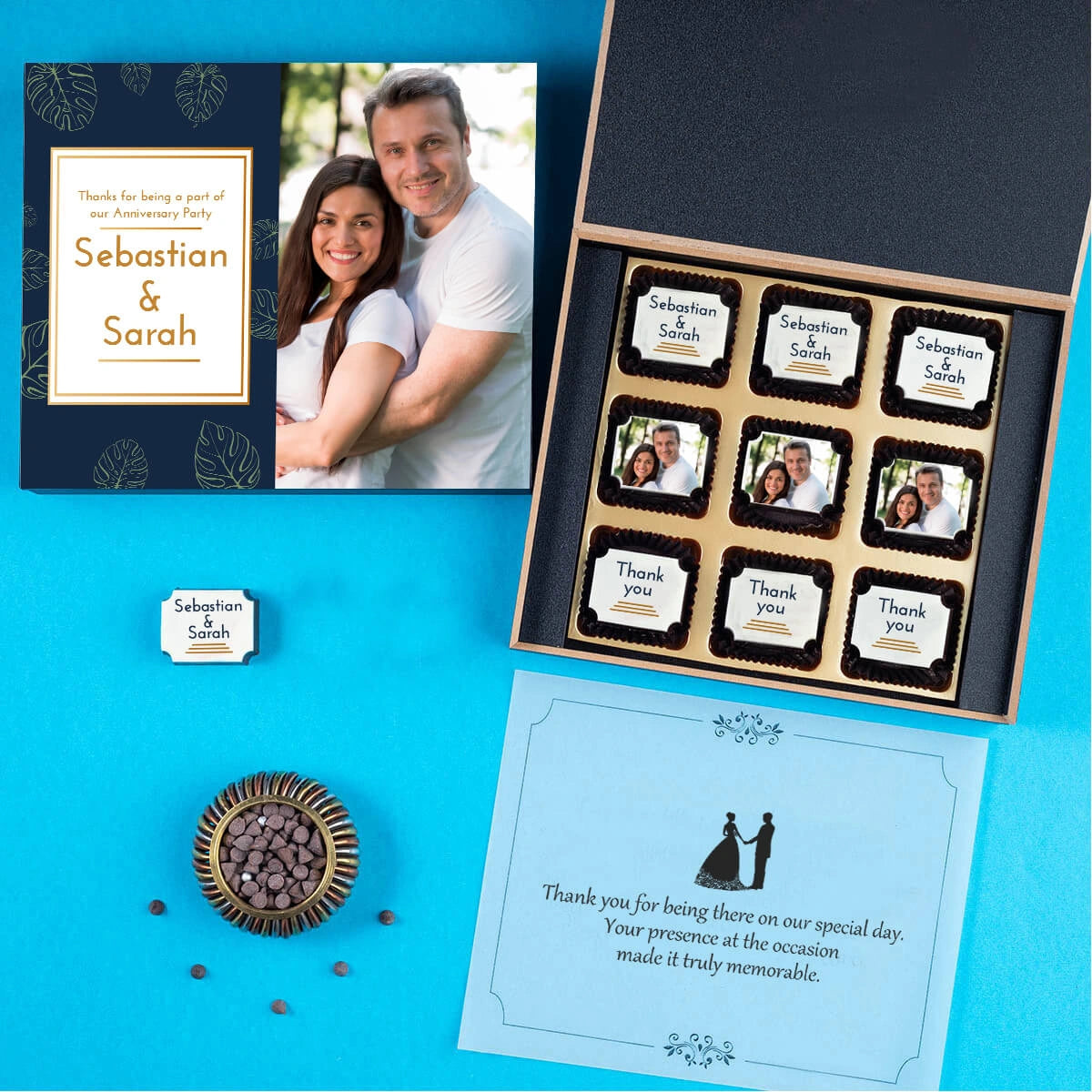 Anniversary return gifts featuring personalized chocolate box