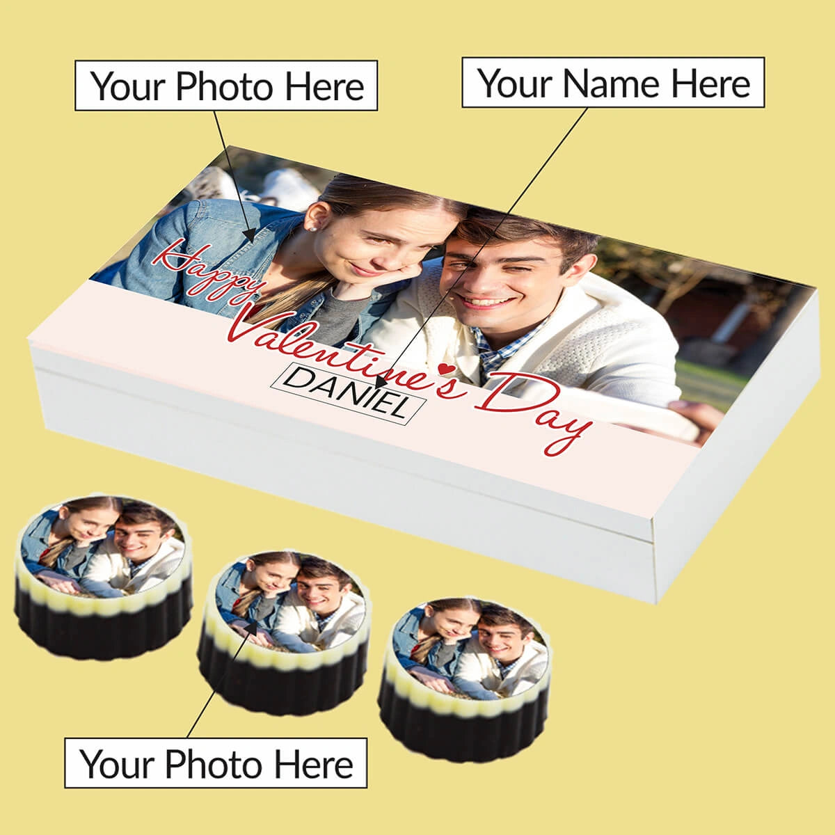 Detail view of best chocolates for valentine's day with custom message inside wooden gift box