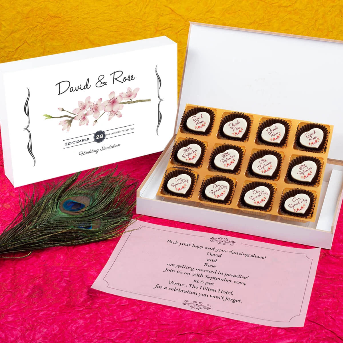 Close-up of printed chocolates used in best custom wedding invitations
