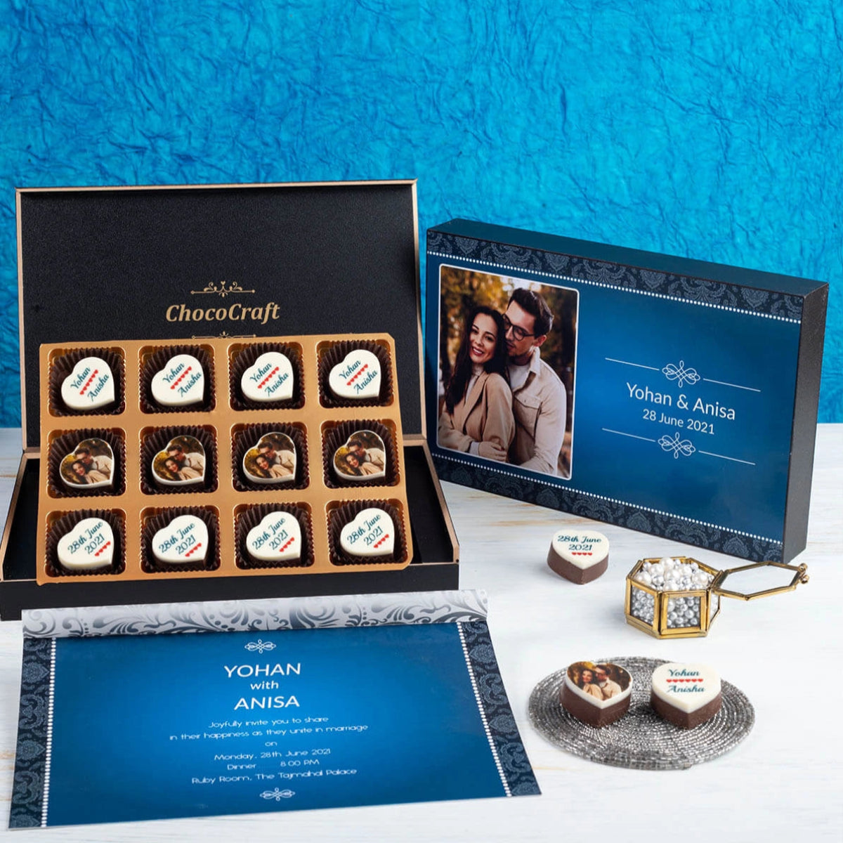 Open box view showing custom chocolates and message insert
